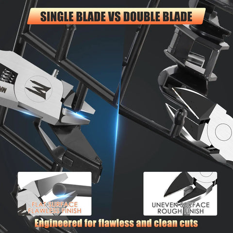 Comparison of Ultra Thin Model Nippers for Gundam and Resin Kits With 0.01mm Flush Blade showing single vs double blade.