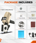 Gearpass 250W Electric Fabric Cutter With Extra 4-Inch Rotary Blade And Auto Sharpener Handheld Cloth Cutting Machine package contents including spare parts.