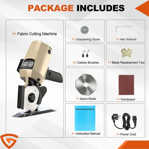 Gearpass 250W Electric Fabric Cutter With Extra 4-Inch Rotary Blade And Auto Sharpener Handheld Cloth Cutting Machine package contents including spare parts.