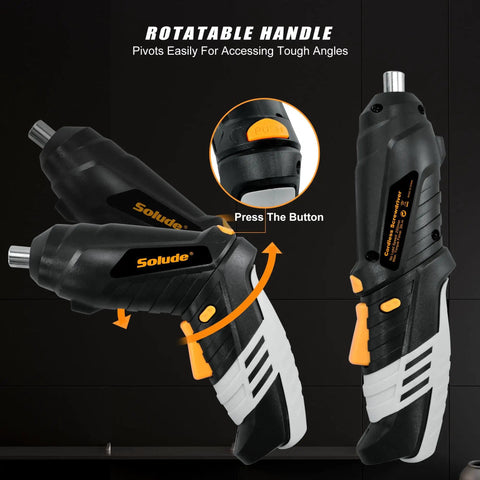 3.6 Volt Cordless Screwdriver from 130 Piece Home Tool Kit with rotatable handle, shown in black and white with orange button