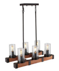 Farmhouse Dining Room Chandelier With 6 Glass Shade Lights, Vintage Pendant Lighting Fixture, Adjustable Height Wood And Metal Frame