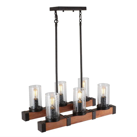 Farmhouse Dining Room Chandelier With 6 Glass Shade Lights, Vintage Pendant Lighting Fixture, Adjustable Height Wood And Metal Frame