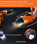 Cordless Electric Screwdriver 3.6V Rechargeable With 2000mAh Battery showing LED lights and handle positions