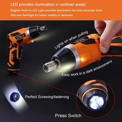 Cordless Electric Screwdriver 3.6V Rechargeable With 2000mAh Battery showing LED lights and handle positions