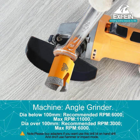 Diamond tile hole saw kit, 12pcs, diamond bits installed on an orange angle grinder for tile cutting