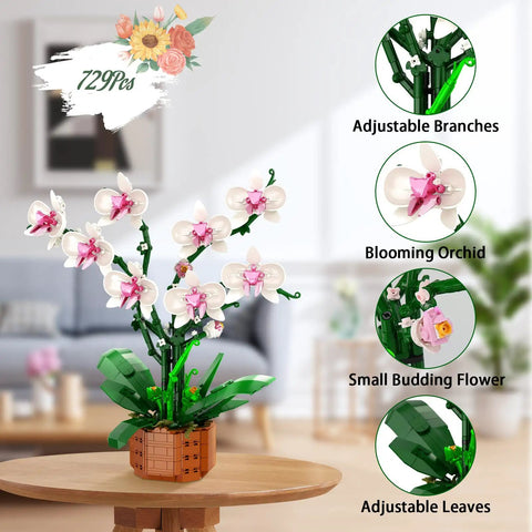 Orchid Floral Building Blocks Kit For Adults Dope DIY Flower Brick Set For Home Decor 729 Pieces Realistic Orchid Build Perfect Gift For Mom Girlfriend Valentines Or Mothers Day. 729-piece ABS plastic orchid set on table, adjustable branches and leaves