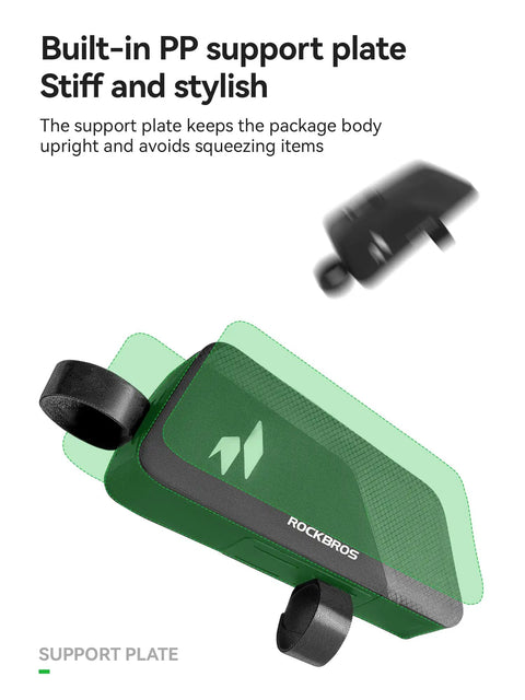 Waterproof Top Tube Bike Frame Bag with Seamless One Piece Construction and Built In Support Plates showing stiff support plate