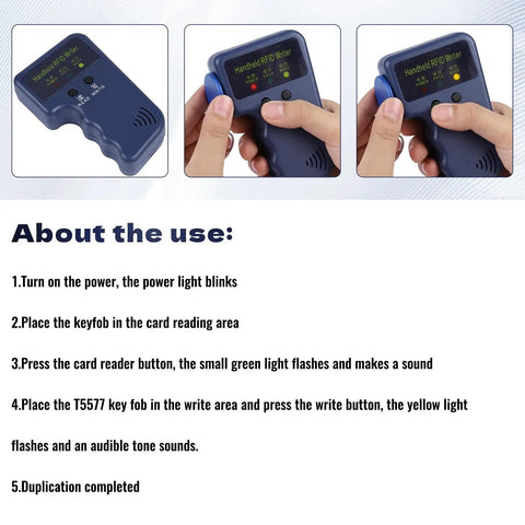 Three images showing Portable RFID Writer And Card Duplicator For 125KHz Smart ID Access Control and user instructions on how to use it.