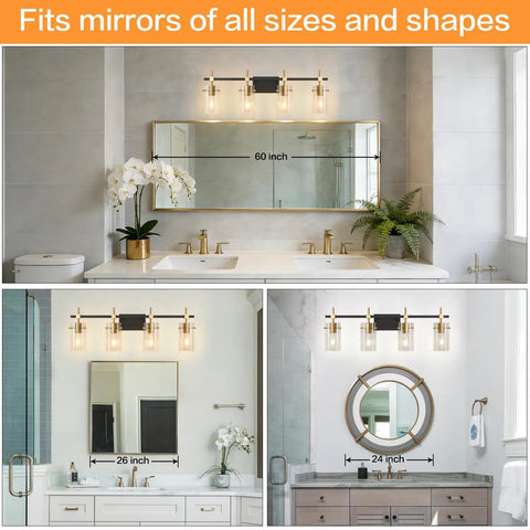 Farmhouse Brass Bathroom Vanity Lights Over Mirror Vintage Wall Sconce Fixtures with glass shades in bathrooms with mirrors.