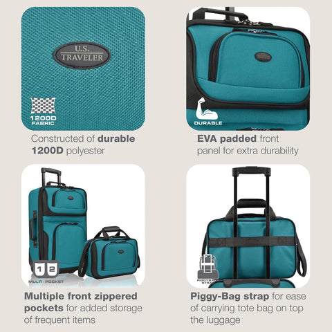 U.S. Traveler Rio teal softside rolling luggage set; fabric close-up, front zip pockets, 2-wheel carry-on