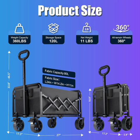 Foldable Heavy Duty Wagon Cart With 360 Swivel Wheels And Brakes size dimensions and specifications shown