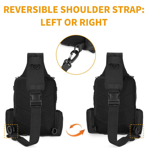 Rugged Tactical Molle Sling Bag With Single Strap For Men EDC Everyday Carry Pack reversible strap feature and clips detail