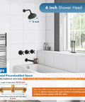 Three-Handle Tub And Shower Faucet Set With Wall Mount Tub Spout Five-Setting Six-Inch Round Shower Head in bathroom.