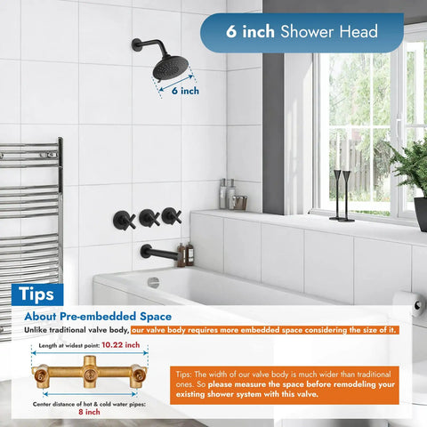 Three-Handle Tub And Shower Faucet Set With Wall Mount Tub Spout Five-Setting Six-Inch Round Shower Head in bathroom.