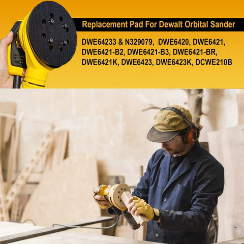 Two Pack Five Inch Eight Hole Hook And Loop Sanding Pad Replacement For DeWalt Orbital Sanders in use by worker
