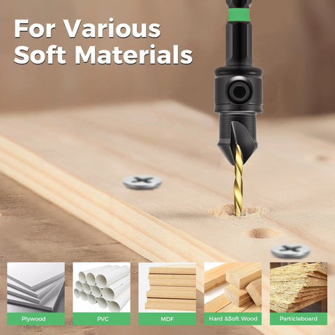 Woodworking Countersink Drill Bit Set, 12 Piece With Dual Flute Bits Sizes 4 6 8 10 12, One Quarter Inch Hex Shank, drilling plywood