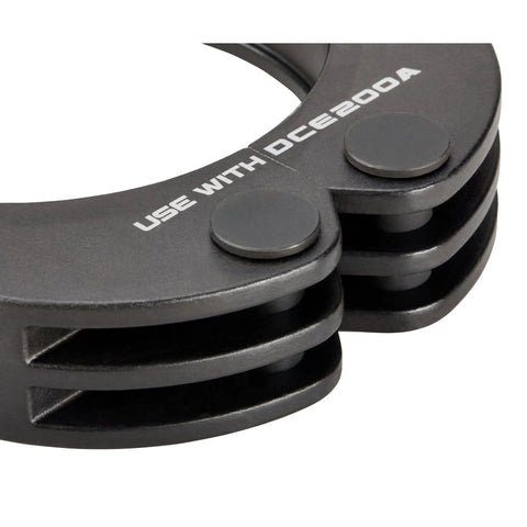 Close-up of Press Kit Tool Set with rings and jaw for half to two inch carbon steel pipe, showing black galvanized finish
