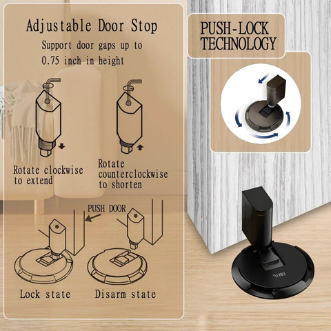 Diagram of No Magnetic Door Stopper With Mechanical Lock, Adjustable Indoor Door Holder showing installation and lock mechanism.