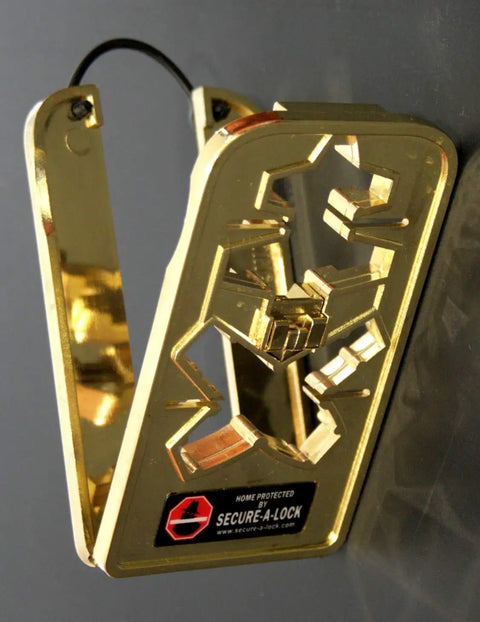 Portable Deadbolt Lock Restrictor For Inside Door Security Attaches Easily To Most Door Handles And Is Travel Ready gold metal