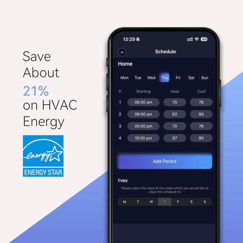 Smart WiFi Thermostat With 7 Day And 8 Period Programmable Schedule For Home Comfort, Alexa And Google Assistant Compatible, Energy Saving Temperature Controller, TJ-550, White showing energy savings schedule on smartphone app