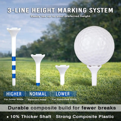 Two Size Golf Tees Pack 115 Count For Every Club With Three And A Quarter Inch And One And A Half Inch Tees Featuring Four Prong Low Resistance Design Oversized Heads Three Line Height Markings And Durable White Plastic Tees For Drivers Irons Hybrids with height marking and golf ball.