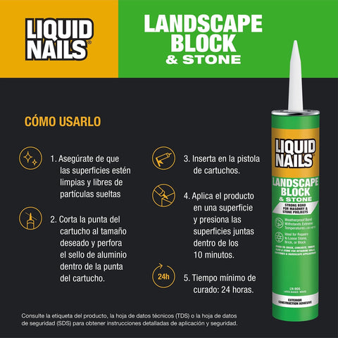LN-905 Landscape Block Adhesive Low VOC 10 Oz Cartridge for Retaining Walls and Stonework instructions in Spanish