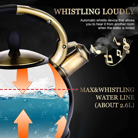 Stove Top Whistling Tea Kettle 2.64 Quart With Food Grade Stainless Steel Teakettle And No Sweat Cool Touch Ergonomic Handle