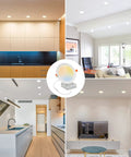 12 Pack 6 Inch LED Recessed Lights with Junction Box installed in kitchen, living room, and office settings, warm to cool light