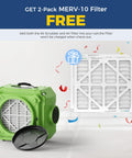 Green Stackable 3 Stage Filtration Negative Air Machine with MERV 10 Filter displayed on a promotional banner