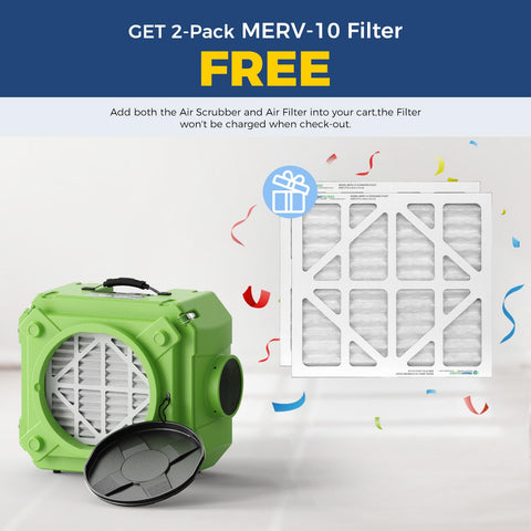 Green Stackable 3 Stage Filtration Negative Air Machine with MERV 10 Filter displayed on a promotional banner
