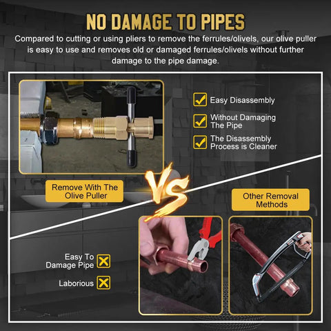 Comparison of Olive Puller That Does Not Damage Your Pipe Easy To Use Ferrule Removal Tool with other methods