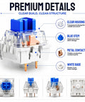 Blue Mechanical Keyboard Switches 80 Pack For DIY Builds And Repairs, 3 Pin Design Compatible With 5 Pin Layouts, Great For Testing, Replacements, And 3D Print Projects. Clear housing blue mechanical keyboard switch with white base and metal contacts