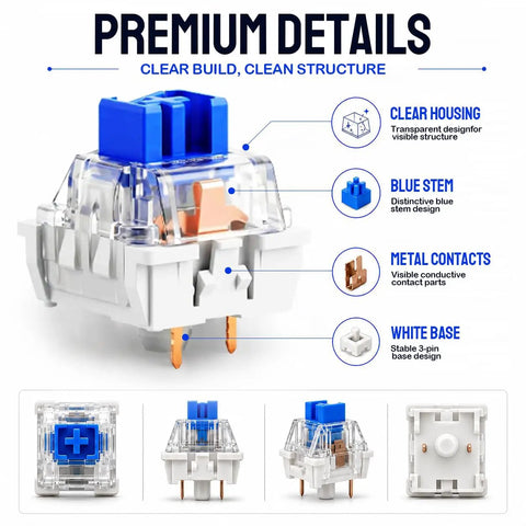 Blue Mechanical Keyboard Switches 80 Pack For DIY Builds And Repairs, 3 Pin Design Compatible With 5 Pin Layouts, Great For Testing, Replacements, And 3D Print Projects. Clear housing blue mechanical keyboard switch with white base and metal contacts