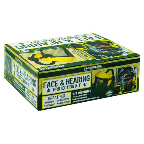 Heavy Duty Face Shield And Ear Muffs Combo With Removable Visor For Crew Job Site Protection And Yard Work PPE packaging view.