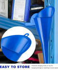Blue two pack oil funnel for auto care, spill saver long neck plastic engine filler hanging on storage shelf