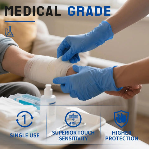 Premium Nitrile Exam Gloves 4 Mil Thick 100 Box Ripstop Power Textured Grip snug fit assisting with bandage application.