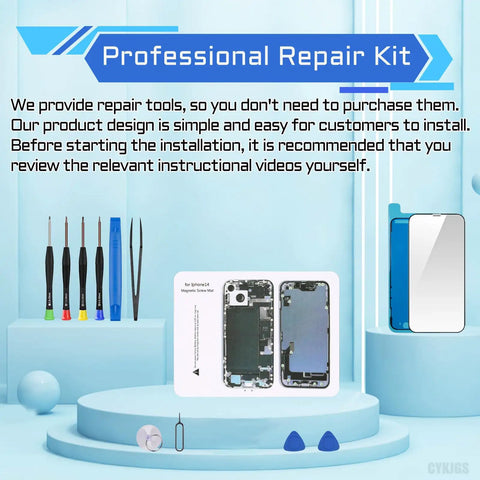 iPhone 14 6.1 Inch Screen Replacement With Proximity Sensor And Earspeaker Flex Cable, tools and guide shown.
