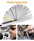Piston ring squaring tool with 32-blade feeler gauge, stainless steel, for 2-5 in bores.