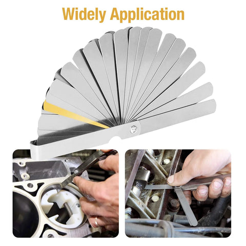Piston ring squaring tool with 32-blade feeler gauge, stainless steel, for 2-5 in bores.