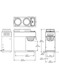 Dimensions and schematic of Pourover Commercial Coffee Brewer With One Lower And Two Upper Warmers Stainless Steel Build Portable