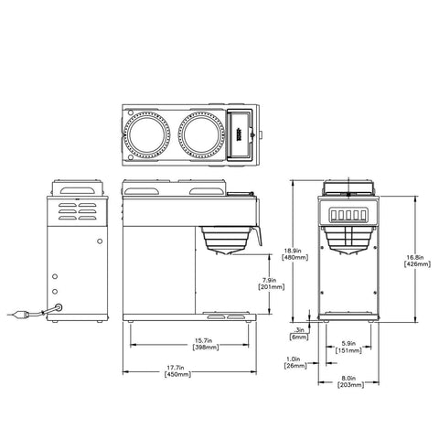 Dimensions and schematic of Pourover Commercial Coffee Brewer With One Lower And Two Upper Warmers Stainless Steel Build Portable