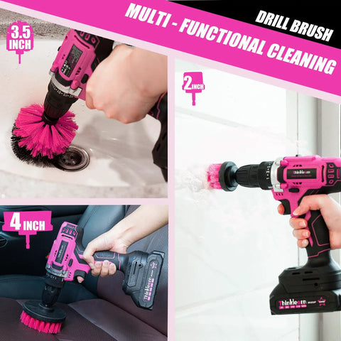 Pink 20V Cordless Drill Set With Drill Brush, Bit Kit, Three Eighths Inch Keyless Chuck, Dual Speed Control, 25 Plus 1 Torque Settings, Battery And Charger Included For Home DIYs And Quick Fixes used for cleaning surfaces