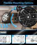 Heavy Duty Retractable Air Hose Reel Featuring Smooth Auto Rewind Action And Sixty Five Foot Industrial Compressor Hose showing flexible mounting options.