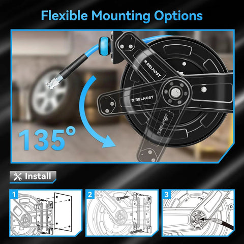 Heavy Duty Retractable Air Hose Reel Featuring Smooth Auto Rewind Action And Sixty Five Foot Industrial Compressor Hose showing flexible mounting options.