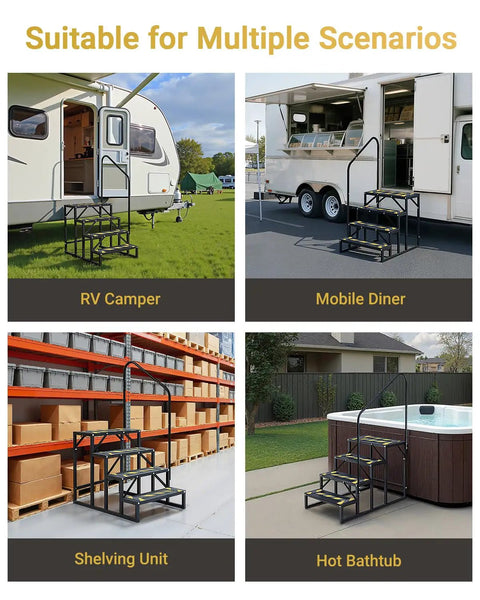 Heavy Duty Rv Entry Steps With Sturdy Handrail Four Step Camper Stairs For Travel Trailers Fifth Wheels And Mobile Homes No Fuss Setup with versatile uses.