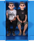 Two cartoon characters sitting inside the Real Deal High Grade Steel Tool Cabinet With Safety Lock, Lockable Storage Chest.