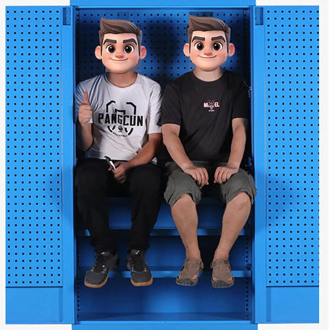 Two cartoon characters sitting inside the Real Deal High Grade Steel Tool Cabinet With Safety Lock, Lockable Storage Chest.