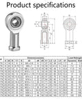 Built Tough Stainless Steel Rod End Bearings Two Pack featuring smooth self lubricating joints specifications chart with dimensions and load ratings.