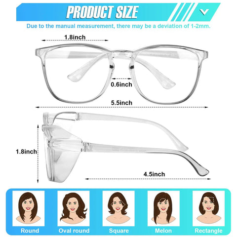 Four Pack Anti Fog Safety Glasses For Women Nurses Anti Blue Light Blocking Eye Protection ANSI Z87 Plus Scratch Resistant UV Shield size chart.