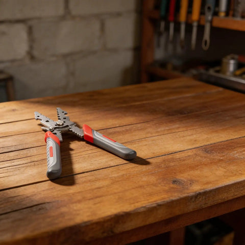 All In One Wire Stripper Tool For Electricians With Carbon Steel Pliers on wooden table in workshop setting
